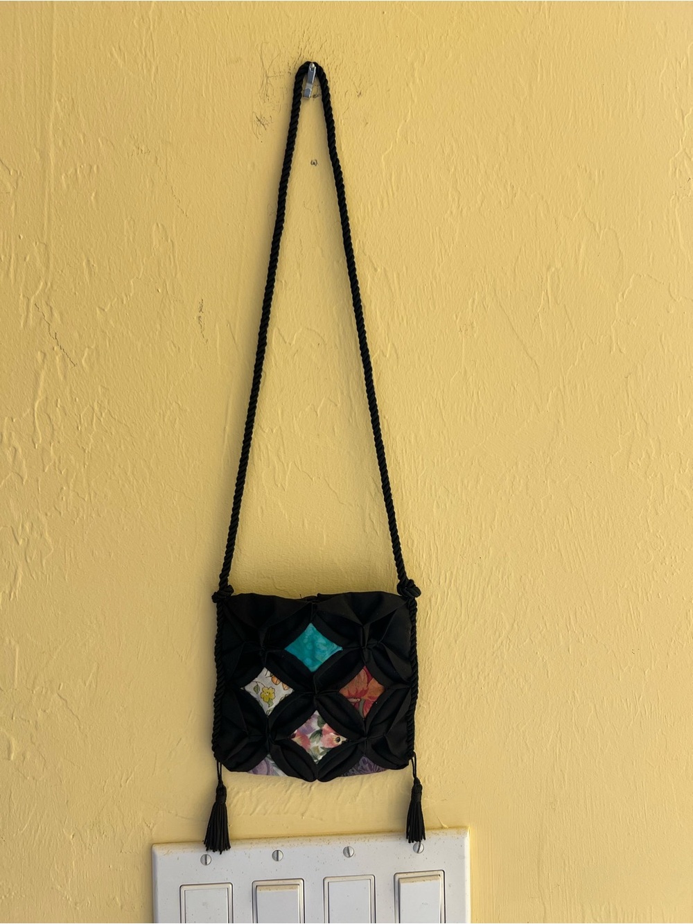 Black Quilted Patchwork Crossbody Bag with Tassels